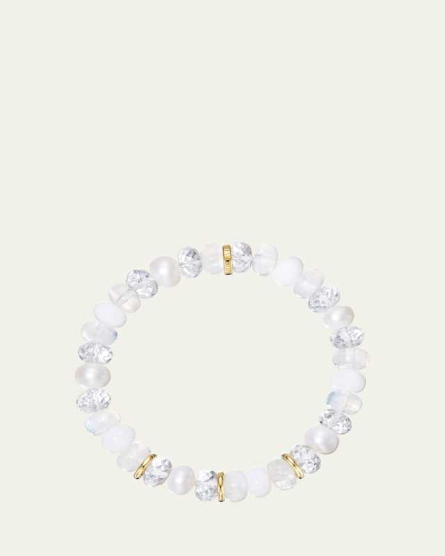White Mix 8mm Bead Bracelet with 14K Yellow Gold 3 Plain Thin Rondelles